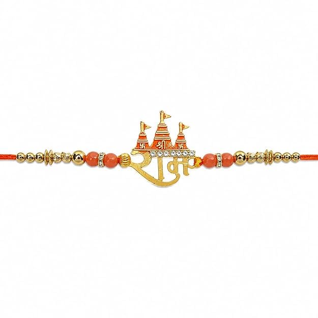 Ram Mandir Rakhi for Brother with Roli Chawal & Greeting Card | Designer Shri Ram Rakhi | Religious Raksha Bandhan Thread for Bhai | Traditional Hindu Rakhi Gift-image-41