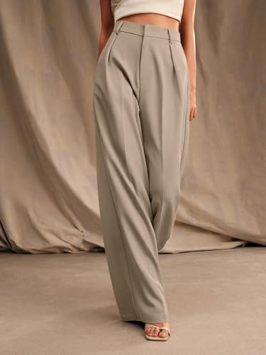 Image of KOTTY Women's High Waist Wide Leg Trousers | Solid Relaxed Fit Pants for Office, Casual Soft Flowing Polyester Blend Pants for Women