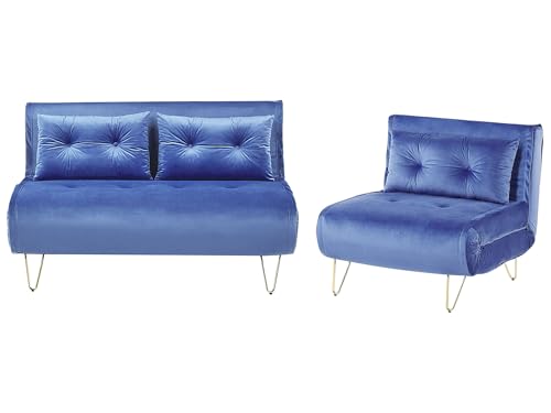Beliani Ensemble de Canapés BZ Banquettes Convertibles 2 +1 Places en Velours Bleu Foncé Pieds Dorés pour Salon au Style Moderne et Glamour