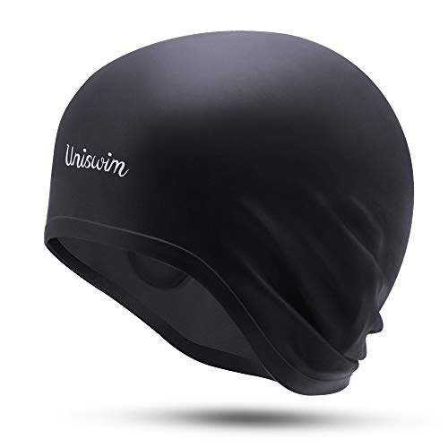 Uniswim Swimming Cap, Swim Cap for Women Men, Solid Silicone Swimming Cap for Long Hair Professional 3D Ergonomic Design Waterproof Cover Ears - Black