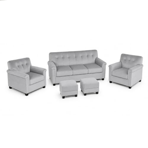 Image of FURNY Woodswave 5 Seater 3+1+1+2 Puffy Sofa Set for Living Room in Premium Velvet Finish (Light Grey) Durable & Comfortable Ideal for Living Rooms