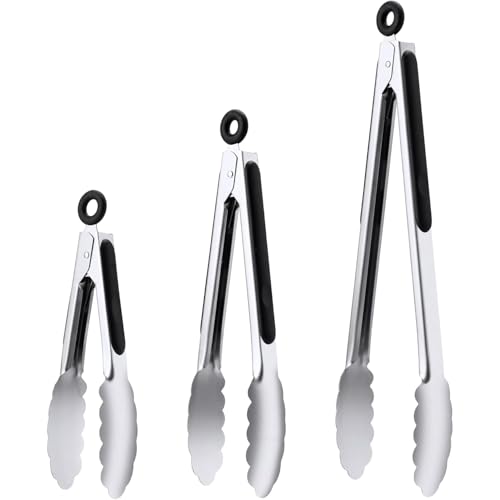 Kitchen Tongs Set of 3, Stainless Steel Tongs with Silicone Tips for Cooking, Barbecue, BBQ Grilling, Buffet Serving, 7/9/12 Inches (Stainless Steel)