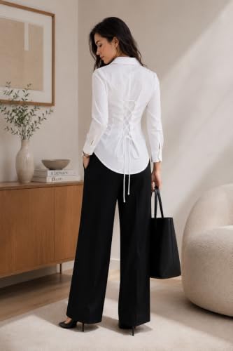 Image of OOMPH! Women's Cotton Solid Corset Style Shirt | Back Lace-Up Tie-Up Cinched Waist | Full Sleeve Button-Down Formal Office & Smart Casual Shirt