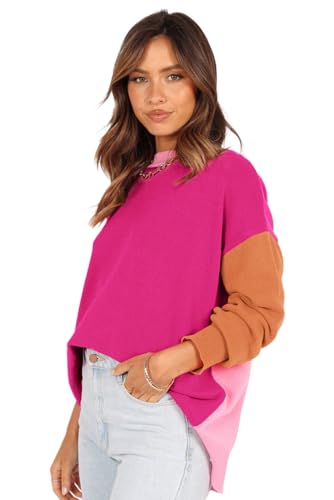 Women's Bonbon Three Tone Contrast Round Neck Loose Sweater - Stylish and Cozy