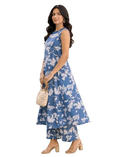 Image of Leriya Fashion Women's Summer Printed Kurta Pant Set | Sleeveless Lightweight Kurti with Palazzo Pants | Kurti Set for Woman | Casual, Office, Vacation & Everyday Outfit | Ethnic Kurta Sets for Woman