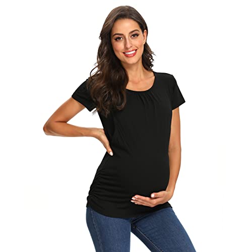 L Pattern Maternity Tops Women's Nursing Tops Short Sleeve Crew Neck For Breastfeeding Tee Shirts Navy Blue 3 Pieces, Black + Blue + Gray, Large #TOP7