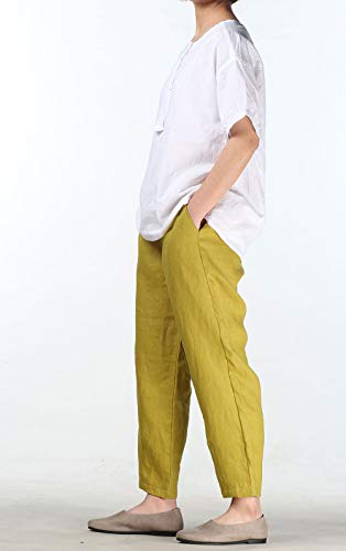 Mordenmiss Women's Linen Ankle Pants Capris Cropped Tapered Trousers With Pockets (L,Yellow) #TOP6
