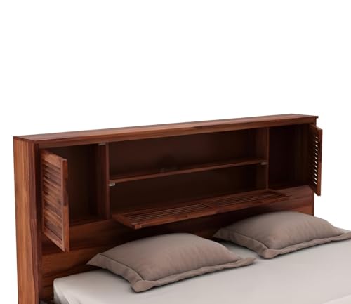 Image of Solid Sheesham Wood Bed with Storage | Wooden Bed with Drawer Storage & Designer Headboard | Strong & Durable Bed Frame for Bedroom Home & Hotel (Honey Finish, Queen)