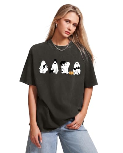 Aiyino Womens Halloween Ghost Cat Vintage Washed Graphic Tee Dark Grey L - image 2