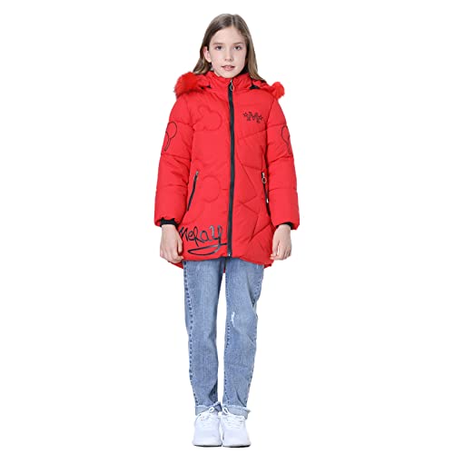 SXSHUN Niñas Chaqueta Slim de Invierno Línea A Abrigo de Pluma con Capucha de Pelo Ropa Caliente Acolchada de Algodón, Rojo, L, 6 año Cover