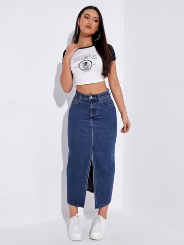 Image of Aahwan Women's & Girl's Black Solid High Waist Slit Below The Knee Denim Skirt