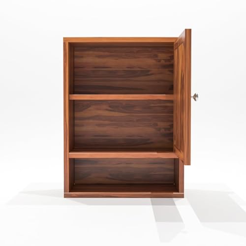 Image of Sheesham Wood Kitchen Cabinet for Home | Wall Mounted Kitchen Rack with Storage | Wooden Kitchen Unit /Organizer with 1 Door & 1 Shelf Storage (Honey Finish)