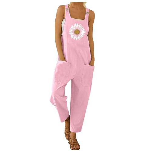 Generisch Combinaison femme Costume-pantalon Robe Combinaison femme avec imprimé mode décontracté et bretelles amples et salopette à bavette boutonnée, Rose, S