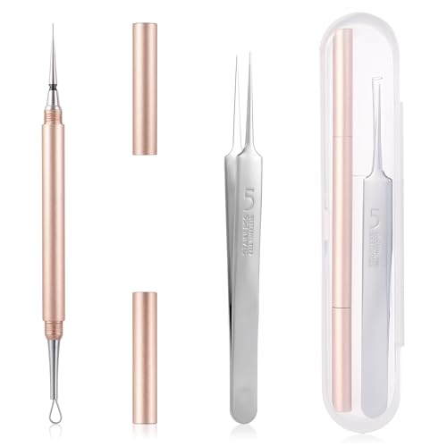 2Pcs Blackhead Removal Pimple Popper Tool Milia Removal Tool Professional Facial Comedones Extractor Cyst Loop Sharp Needle Double-Ended Angled Circle Acne Removal Kit for Blemish Whitehead Popping