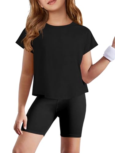 ZDC Girls Athletic Yoga Shirts Summer Short Sleeve Quick Dry Crop Tops Basic Gym Tees 5-14 Years Black
