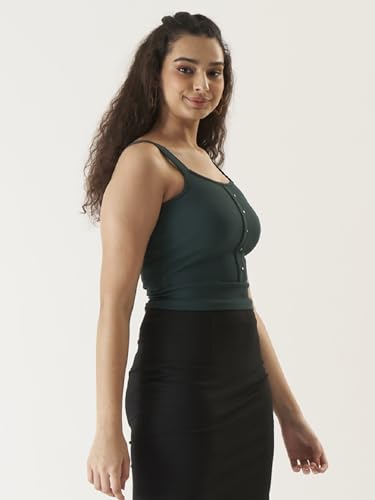 Image of PRETTIFY Green Solid Cotton Blend Crop Top