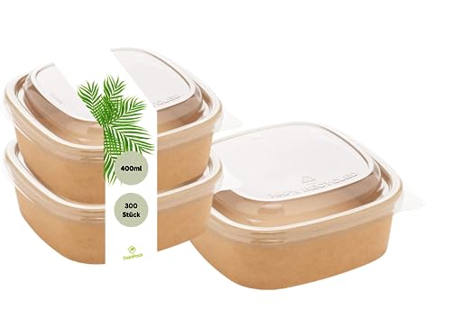 DeinPack 300 cuencos para ensalada de 400 ml, cuencos con tapa marrón, rectangulares, reciclables, embalaje de cartón kraft con revestimiento de PLA, cuenco para sopa, cuenco para hielo, tapa de PET