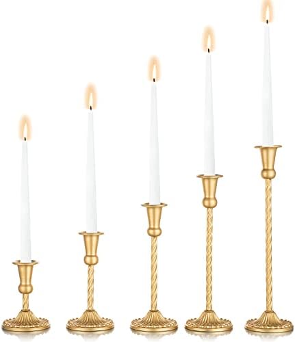 Sziqiqi Gold Candlestick Holders Set of 5, Metal Taper Candle Holder Antique Single-Head Candleholder Candelabra Decorative Table Centerpiece for Wedding Event Party Mantel Candlelight Dinner