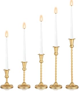 Sziqiqi Gold Candlestick Holders Set of 5, Metal Taper Candle Holder Antique Single-Head Candleholder Candelabra Decorative Table Centerpiece for Wedding Event Party Mantel Candlelight Dinner