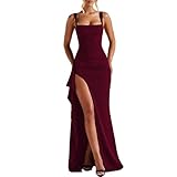 ABYOVRT Women Formal Dresses Sleeveless Bodycon Ruched High Slit Sexy Maxi Dress Cocktail Prom Wine red,L
