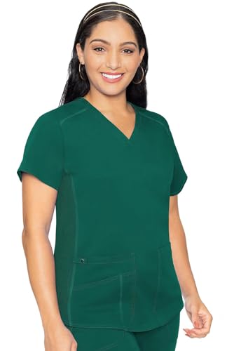 Med Couture V-Neck Scrub Top for Women with 4 Pockets, Rib-Knit Side Panel, and Shirttail Hem MC7459, Hunter Green, X-Large