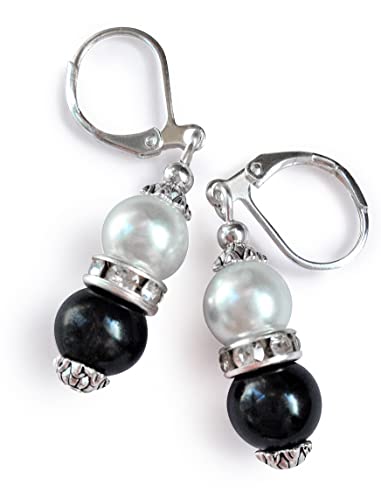 Black White Glass Pearl Earring Sp Leverback Handcrafted Rhinestone Earrings For Women Set + Gift Box For Free