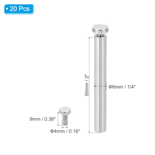 PATIKIL 1/4 x 2 inch Sign Standoff Screws, 20 Pcs Stainless Steel Wall Standoff Mounting Hardware Advertising Glass Nail for Hanging Acrylic Picture Frame Acrylic Panel, Silver