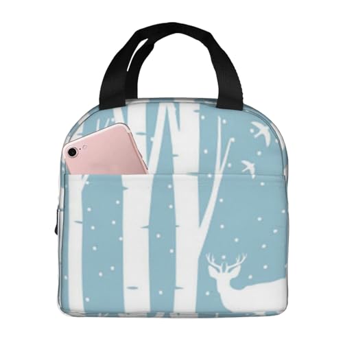 断熱ランチバッグ 大容量 防水 熱漏れ防止 スタイリッシュで丈夫 仕事、学校、アウトドア活動に便利 男女兼用 (冬の青いワンダーランドの森と鹿の木のクリスマスの美しさ)