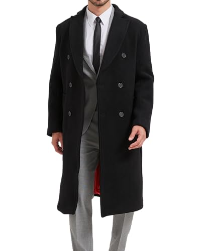 The Platinum Tailor Mens Black Overcoat Wool & Cashmere Double Breasted Long Coat Winter Jacket (UK, Numeric, 46, Regular, Regular, Black - Red Lining)