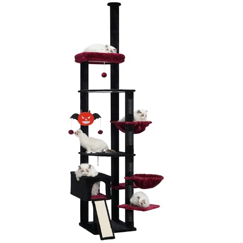 Hebly Cat Tree 92.5-104.3 Inches with Hammock, Floor to Ceiling Gothic Cat Condo,Tall Cat Climbing Tower Adjustable with Scratching Posts for Indoor Cats Black Red HCT091BR