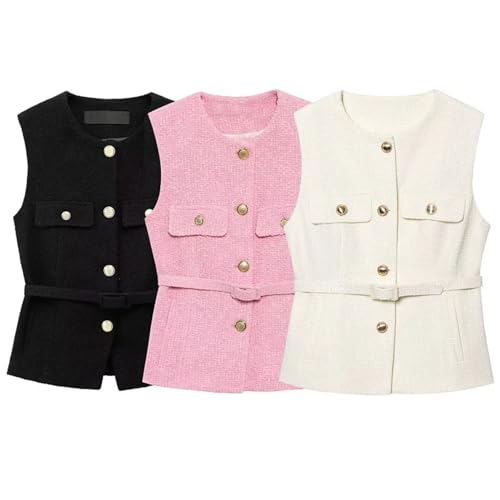 Women's Textured Waistcoat - Belted Sleeveless Vest with Padded Design for Beach Holiday4