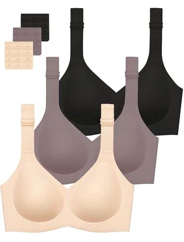 Gailife 3PACK Jelly Wireless Bras for Women No Underwire Full Coverage Ultra Comfort Bralettes for Women Everyday T Shirt Bra-Vneck,Black/Beige/Grey,XL