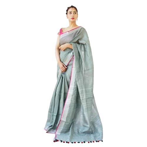 India Meets India Sari indien ethnique Bhagalpuri fait main en coton et lin avec chemisier contrasté, vert mer, 5,5 m Cover