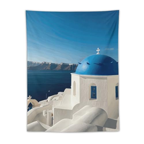 NWGHM Tapisserie murale à suspendre Santorin île grecque vue sur la mer pour chambre à coucher, tapisseries esthétiques vintage pour salon, drapeau décoratif pour toile de fond, décoration de chambre,
