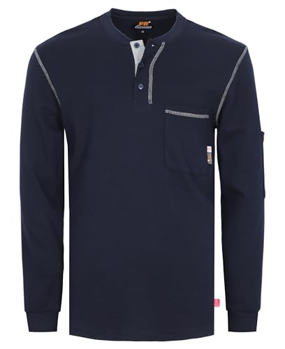 KONRECO FR Shirts for Men Long Sleeve Henley 7oz 100% Cotton FRC Clothing Welding Shirt Navy