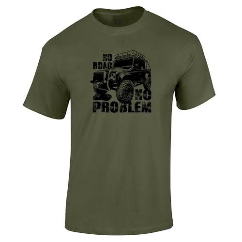 4x4 Four Wheel Drive 4WD Land Off Roader Mens T Shirt - No Road No Problem Military Green Size XL