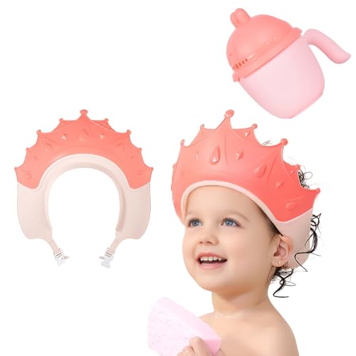 Duschhaube Kinder Baby Sicherer Shampoo Cap mit Haarwaschbecher Baby Verstellbarer Shampoo Schutz Haare waschen ohne Tränen für 0-9 Jahre Krone (Rot)
