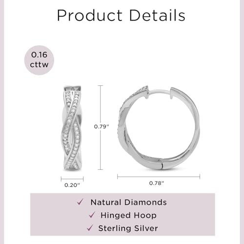 Jewelili Sterling Silver Twisted Hoop Earrings for Women | 1/6 CTTW White Diamonds or Treated Black and Natural White Round Diamonds | Hinge with Notched Post | Luxury Jewelry Gift for Her | Gift Box Included4