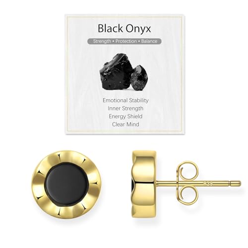 Image of Natural Black Onyx Stud Earrings for Women, 925 Sterling Silver & 14K Gold Plated，Spiritual Protection Gift for Women with Gemstone Meaning Card, Hypoallergenic & Nickel-Free