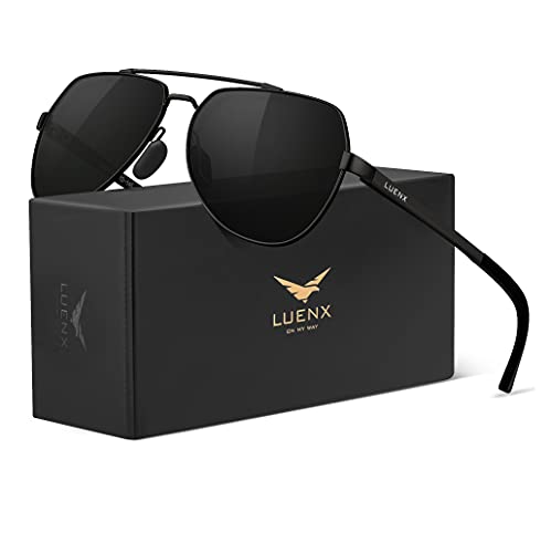 LUENX Men Women Aviator Sunglasses Polarized Shades Flexible Spring Hinge - Black Dark Lens Black Metal Frame 60MM