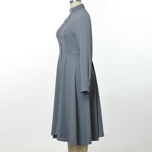 Image of FAD-4U Church Clergy Dress for Women Long Sleeve Rows Buttons A Line Dress with Tab Collar
