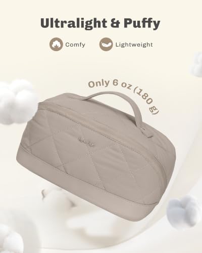 Image of Hynes Eagle Travel Makeup Bag for Women Puffy Cosmetic Organizer Pouch Open Flat Toiletry Bag for Toiletries Brushes Structured Base Classic Camel