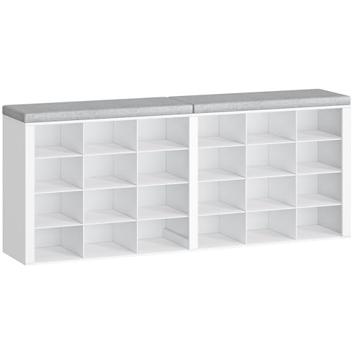 Hzuaneri Banc à Chaussures, Support à Chaussures avec Siège, Banc avec Rangement, Coussin, 24 Compartiments, pour Salon, Couloir, Chambre, Blanc-Gris SB32403GY