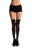 90% Cotton/ 10% Spandex LissKiss Black With Pink Flamingos & Palms - Schwarz Overknee Str?mpfe, Einheitsgroesse (37-42)