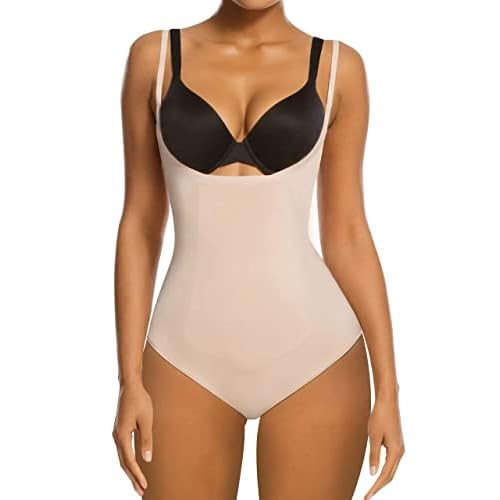 SHAPERX Women Body Shaper Tummy Control Seamless Shapewear Open Bust Mid-Thigh Bodysuit Shorts