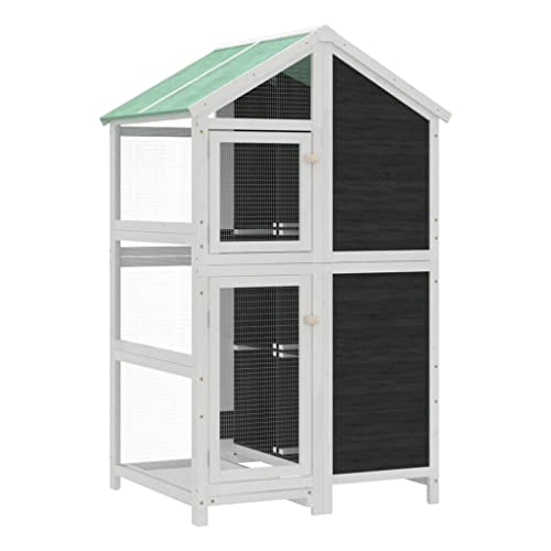 vidaXL Voliere, Vogelkäfig mit wasserfestem Dach, Vogelvoliere für Papageien Wellensittiche, Vogelbauer Vogelhaus, Grau Massivholz Kiefer