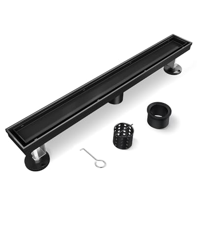 HTOH Black Shower Drain, 2 in 1 Linear Shower Drain 24 Inch (Matte Black)