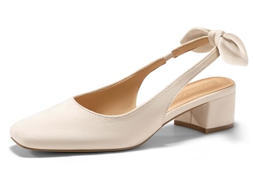 Coutgo Womens Chunky Low Heels Bow Slingback Pumps Closed Square Toe Wedding Party Dress Shoes, Nude, Size 8