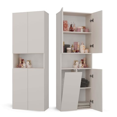 CDF Badezimmerschrank Bad Schrank Mit Wäschekorb Kashmir Badschrank Mehrzweckschrank Badregal Stehend Hochschrank Offene Regale Tür Bodenschrank Allzweckschrank 1 Wäschekorb 174x60x30