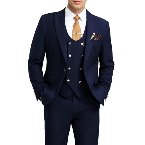 Aowdoy Men's Suits 3 Piece Slim Fit Tuxedo Suit One Button Double Breasted Men Wedding Prom Homecoming Suits Blazer Vest Pants Set Navy M